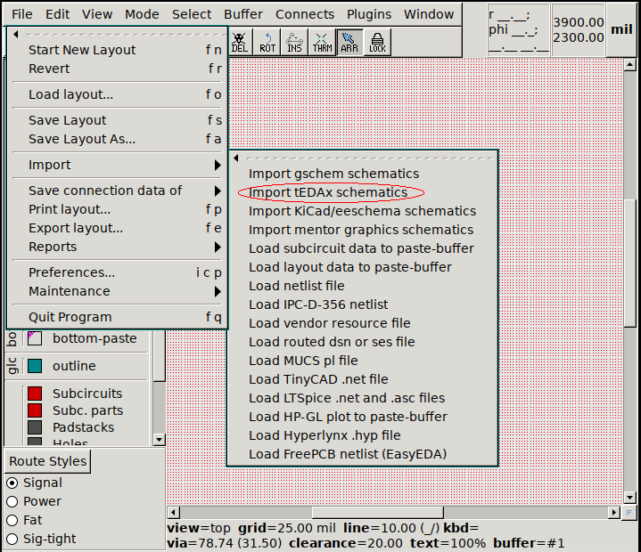 locating tEDAx schematics import in pcb-rnd's default menu system